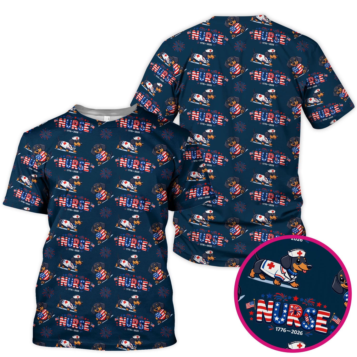Proud Nurse Patriotic Dachshund Medical Firework Pattern Scrub Top, Comfortable Scrubs for Nurses