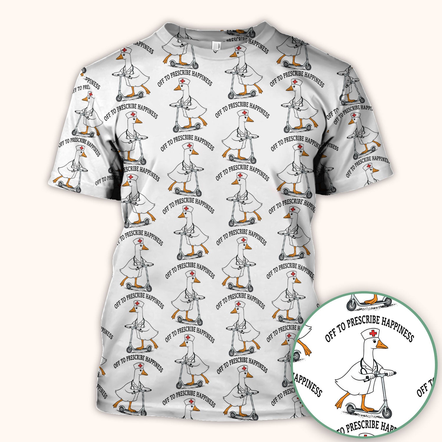 Nurse Goose Scooter Print Scrub Top, Breathable Fabrics Nursing Uniform