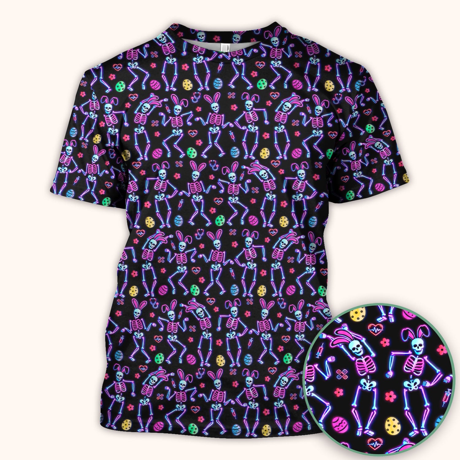 Neon Easter Skeleton Pattern Scrub Top, Comfortable Scrubs for Nurses