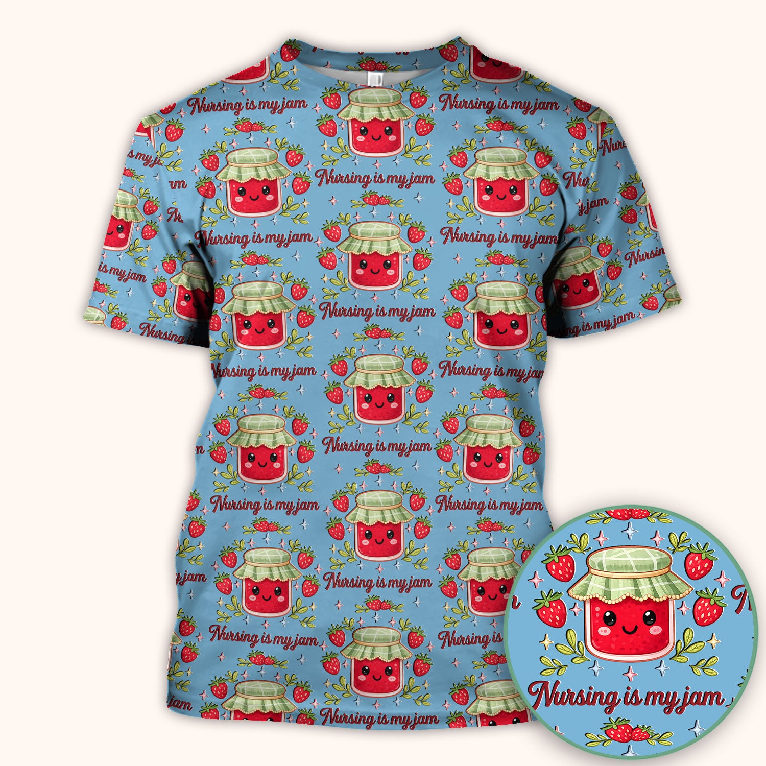 Cute Strawberry Jam Nurse Pattern Scrub Top, Breathable Fabrics Nursing Uniform