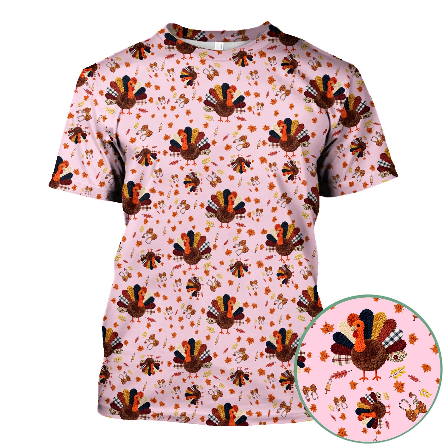 Funny Thanksgiving Nurse Scrub Top - Fall Leaves and Pumpkin Shirt - Autumn Turkey Med Uniform Gift for RN CNA LPN