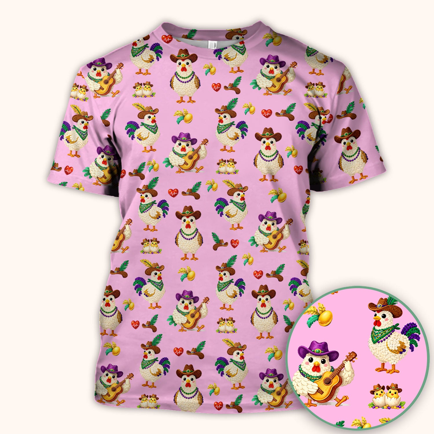 Funny Mardi Gras Rooster Cowboy Print Scrub Top, Comfortable Scrubs for Nurses