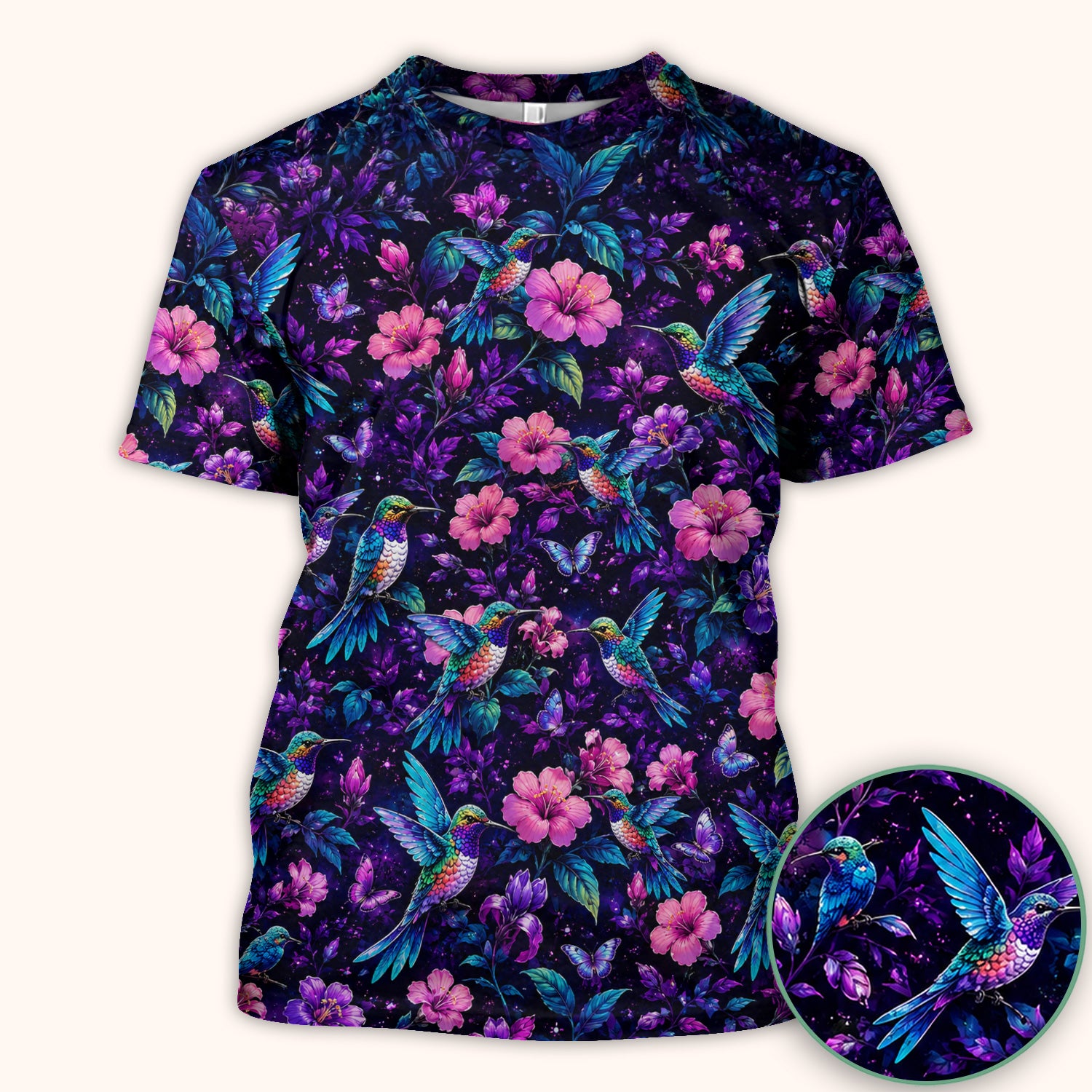 Vibrant Hummingbird Hibiscus Blossom Pattern Scrub Top, Comfortable Scrubs for Nurses