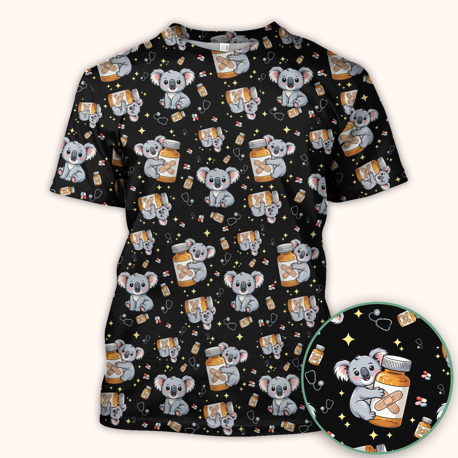 Cute Koala Nurse Bandage Medicine Print Scrub Top, Comfortable Scrubs for Nurses