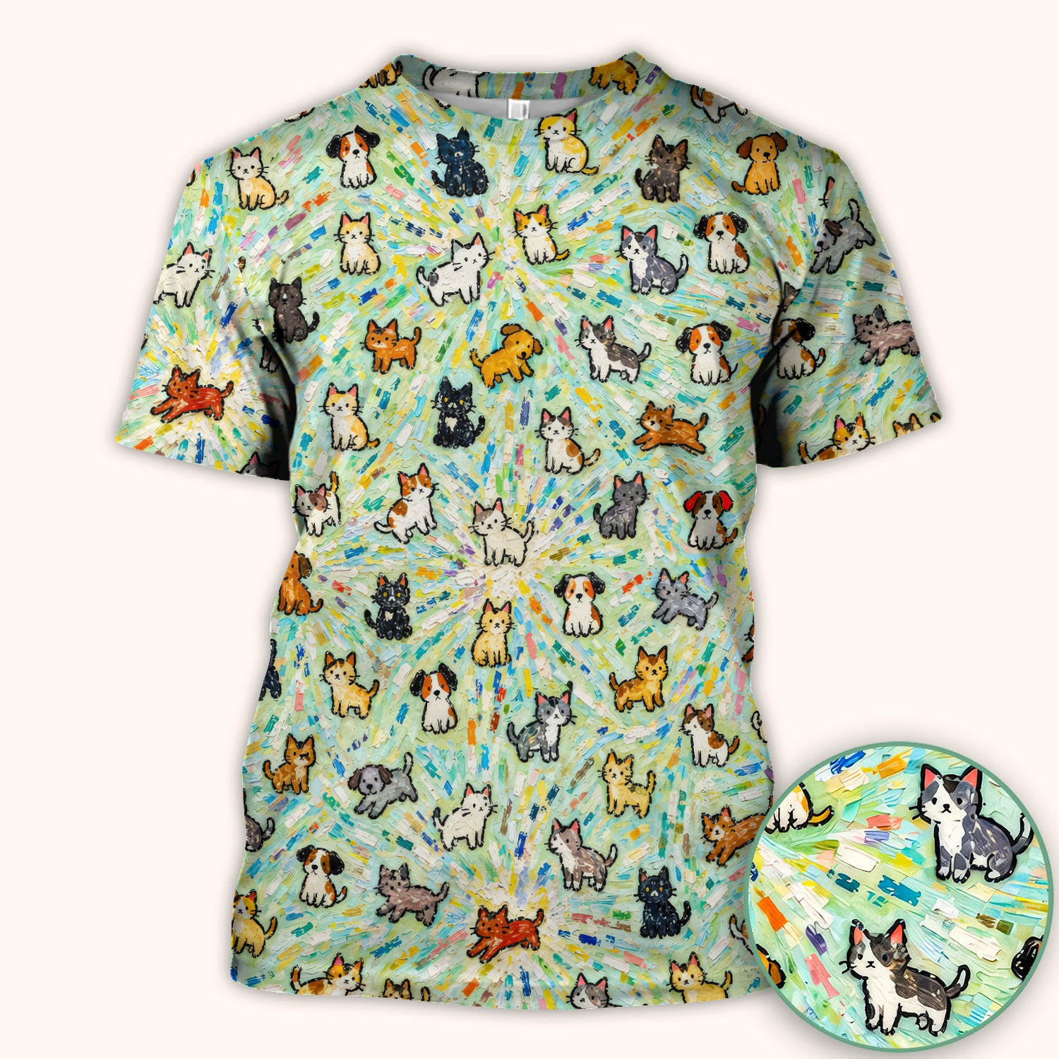 Colorful Cats Dogs Doodle Pattern Scrub Top, Comfortable Scrubs for Nurses