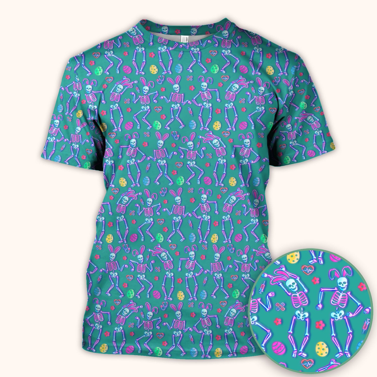 Neon Easter Skeleton Pattern Scrub Top, Comfortable Scrubs for Nurses