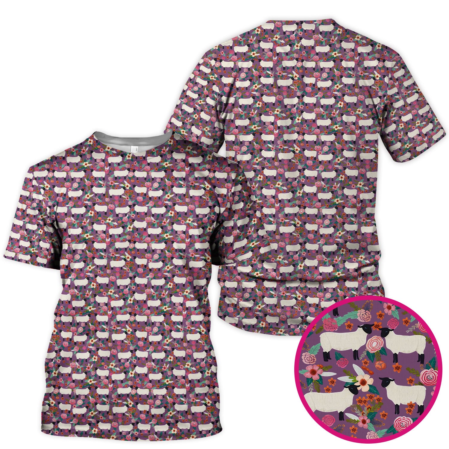 Cute Sheep Floral Meadow Pattern Scrub Top, Comfortable Scrubs For Nurses