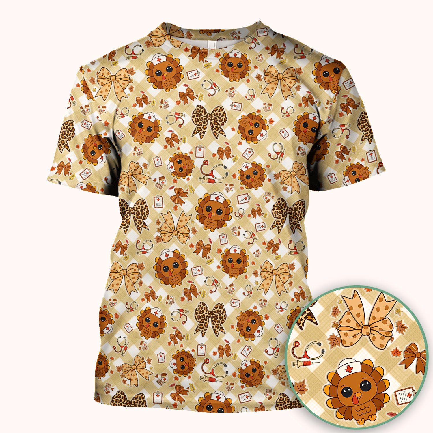 Thanksgiving Turkey Scrub Top for Nurses - Cute Fall Leaves and Bow Shirt - Funny Autumn Nursing Gift for Women RN LPN CNA