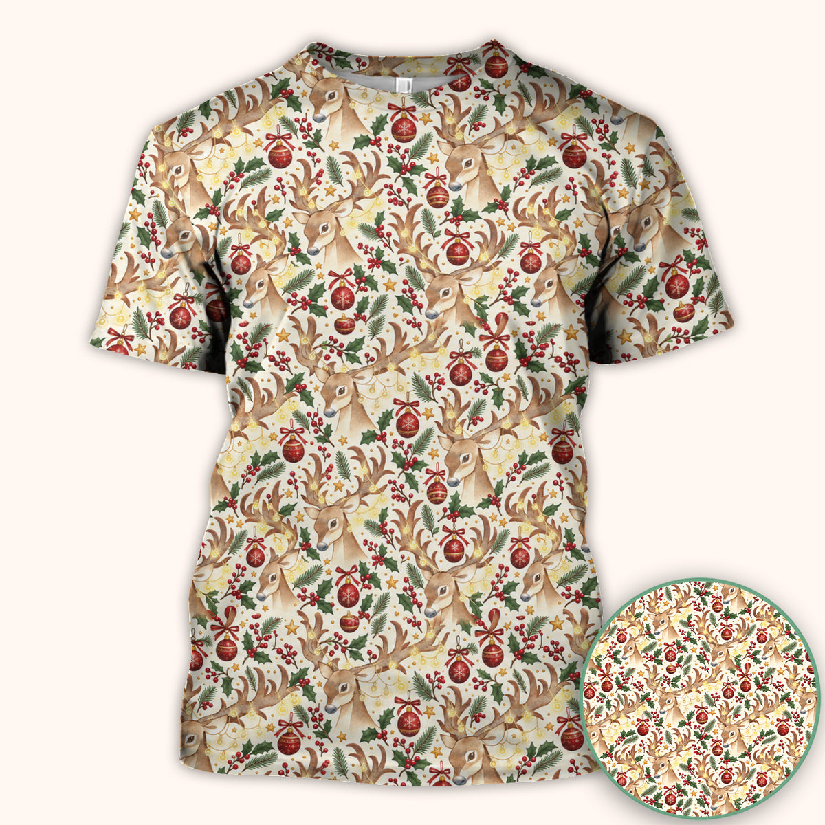 Christmas Reindeer And Holly Scrub Top, Comfortable Scrubs for Nurses