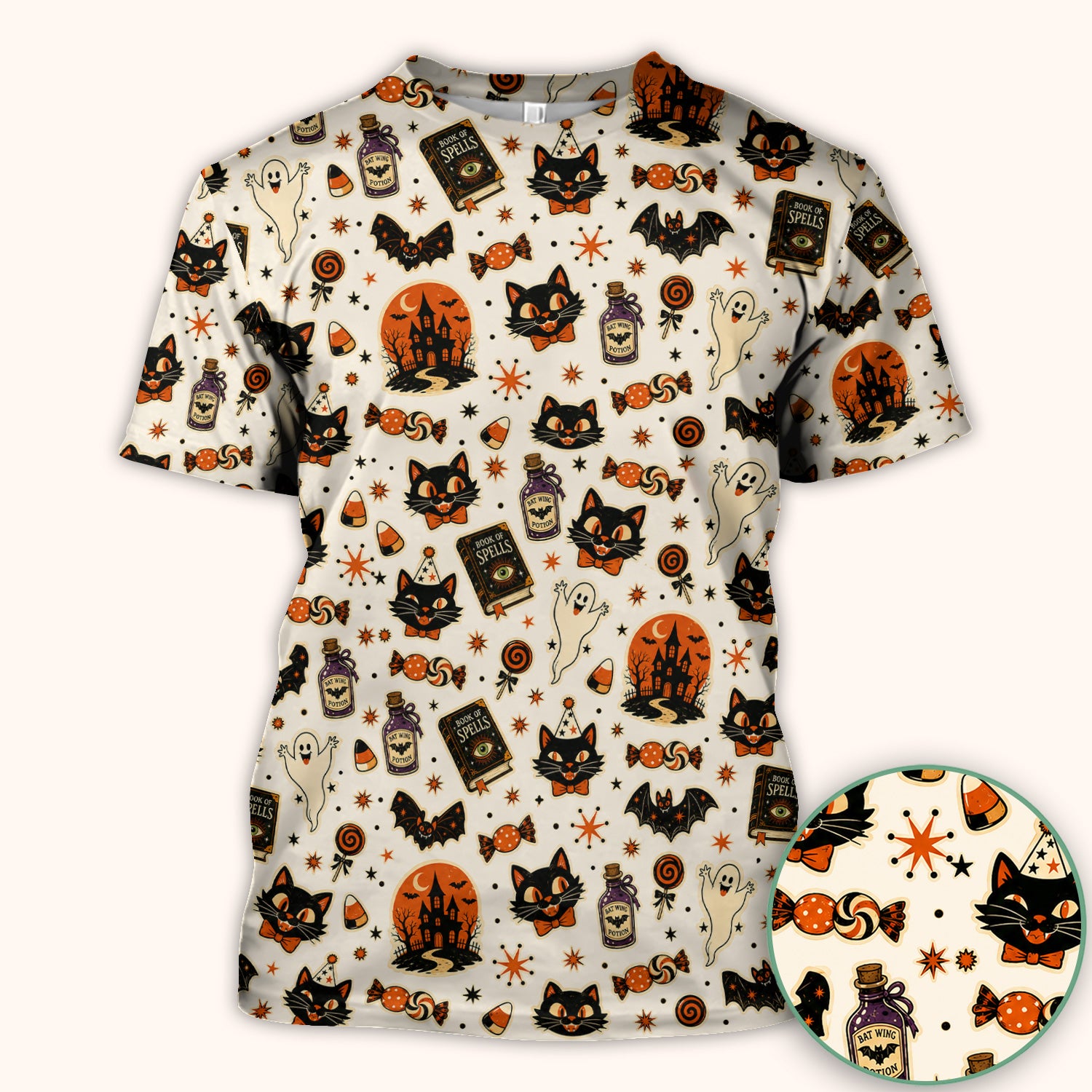 Halloween Black Cat with Ghost Candy Print Scrub Top, Comfortable Scrubs for Nurses