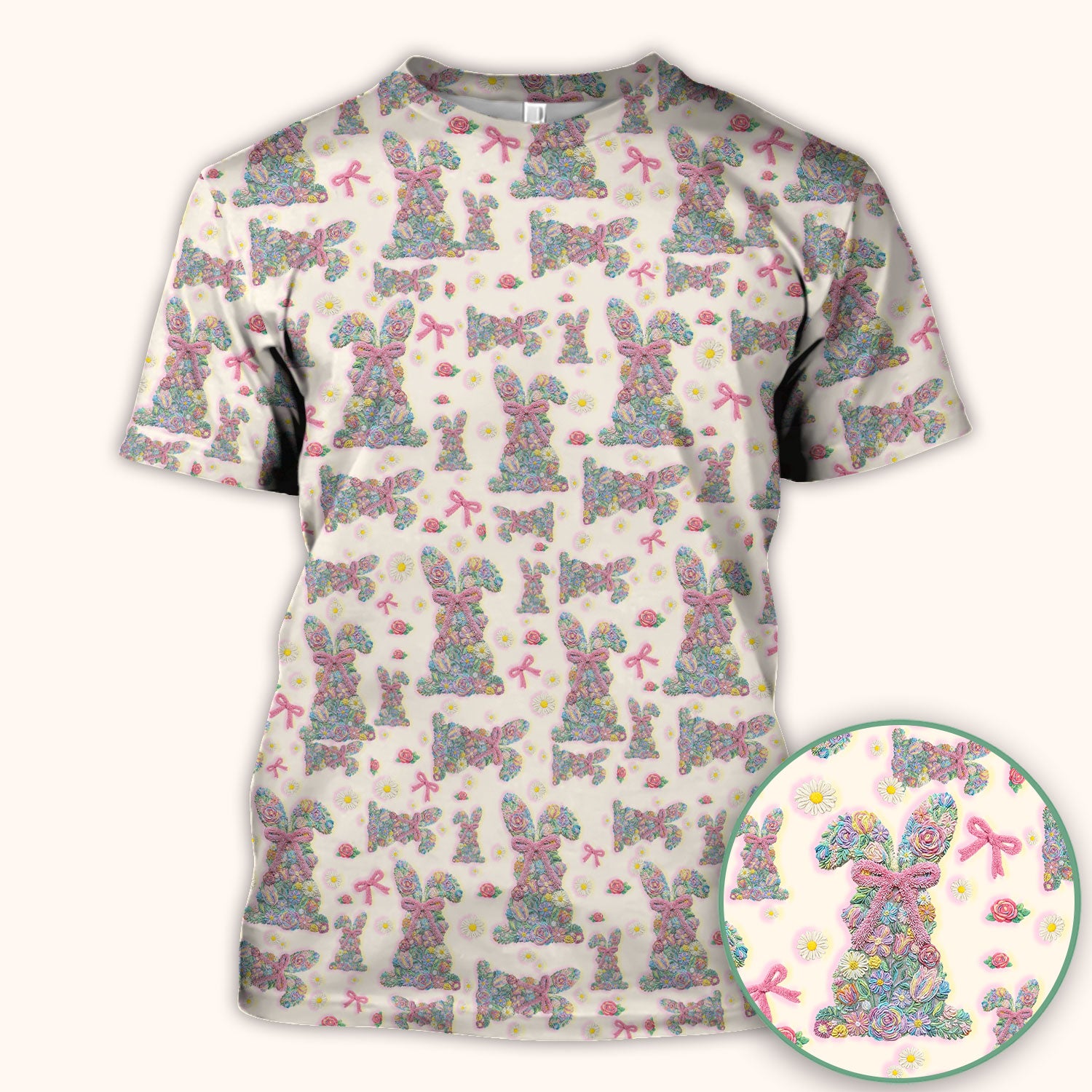Colorful Floral Bunny with Pink Bow Pattern Scrub Top, Breathable Fabrics Nursing Uniform, Easter
