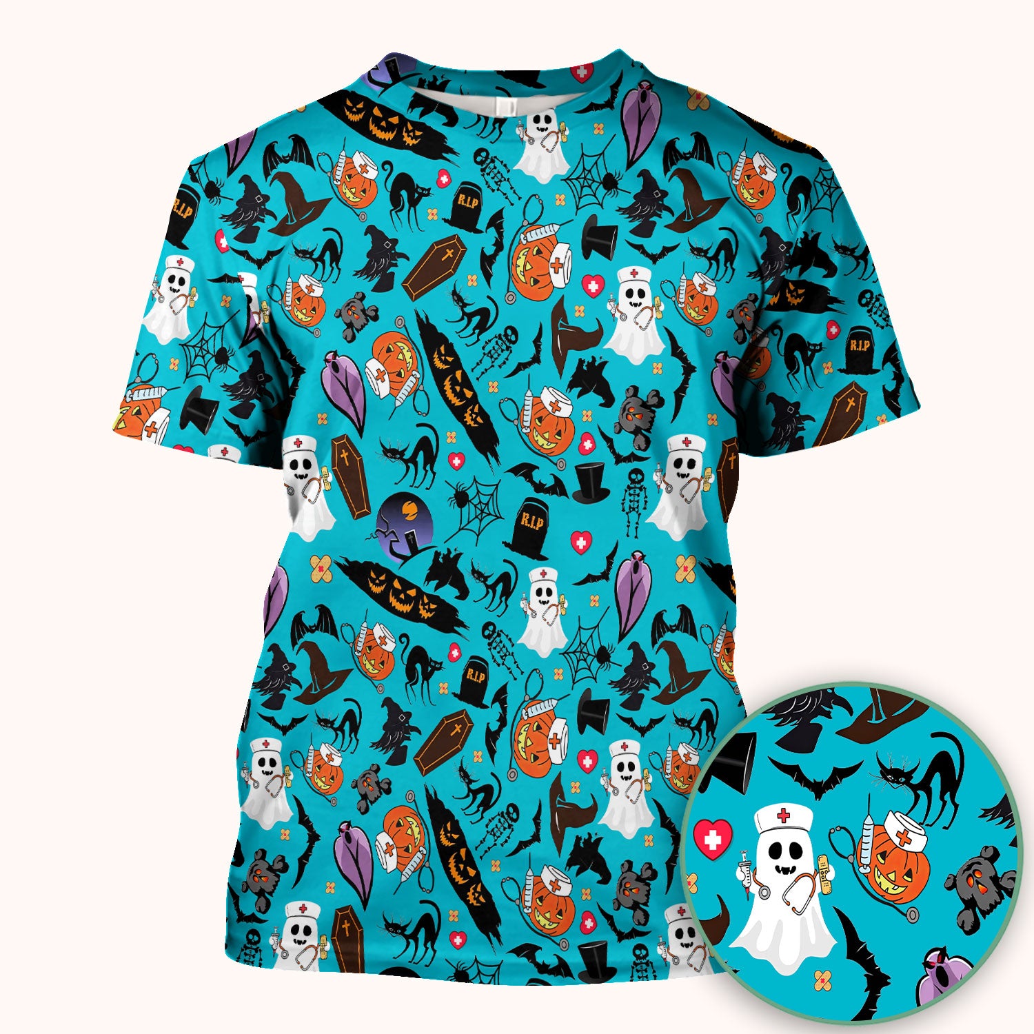 Spooky Halloween Scrub Top - Pumpkin Ghost Bat Nurse Shirt - Wicked Witch Medical Uniform for Women RN CNA LPN