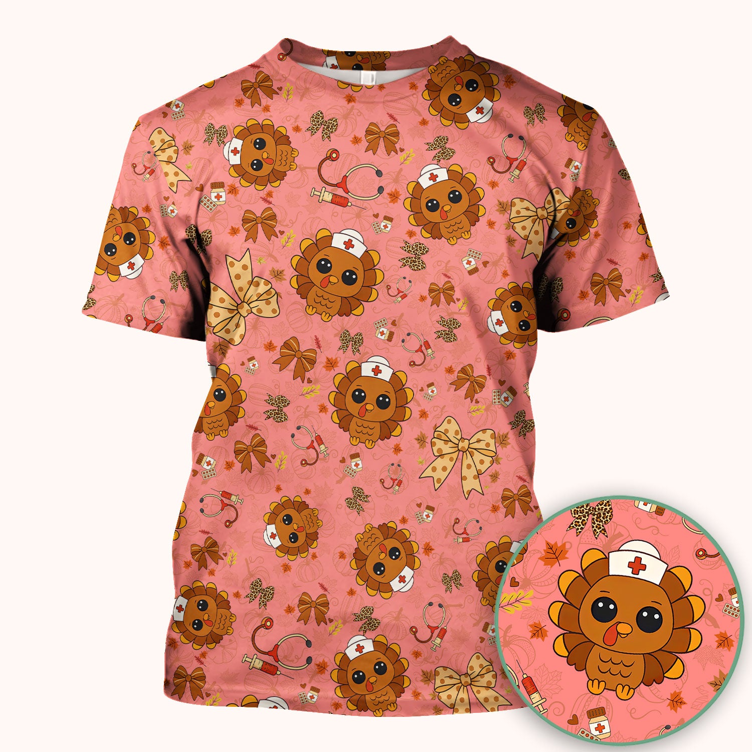 Thanksgiving Turkey Nurse Scrub Top for Women - Cute Fall Leaves and Bow Shirt - Autumn Medical Shirt Gift for RN CNA LPN Doctor