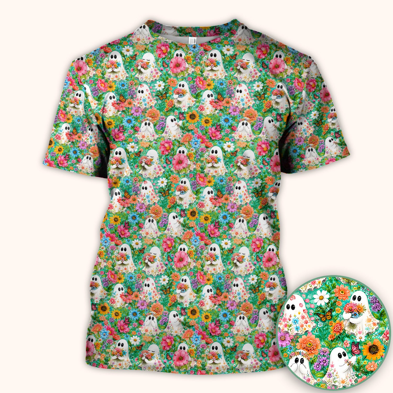 Cute Halloween Floral Ghosts Scrub Top, Comfortable Scrubs for Nurses