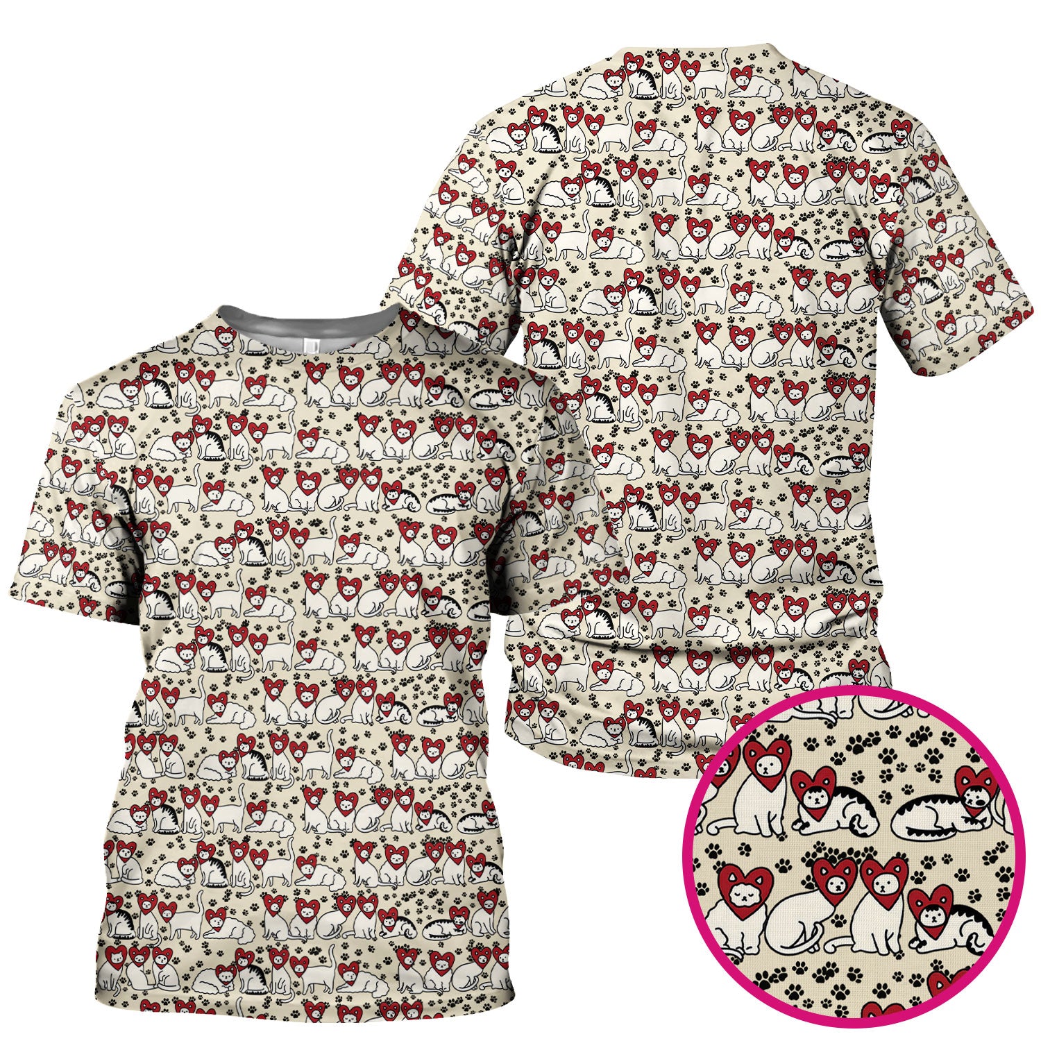 Cute Cat Heart Pattern Scrub Top, Funny Cat Scrub Shirt For Nurses, Breathable Fabrics Nursing Uniform