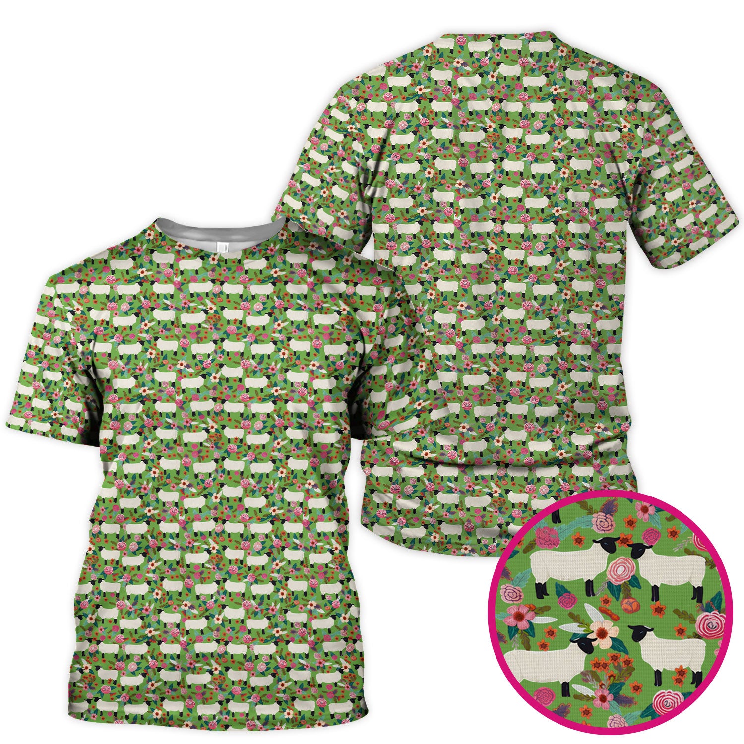 Cute Sheep Floral Meadow Pattern Scrub Top, Comfortable Scrubs For Nurses