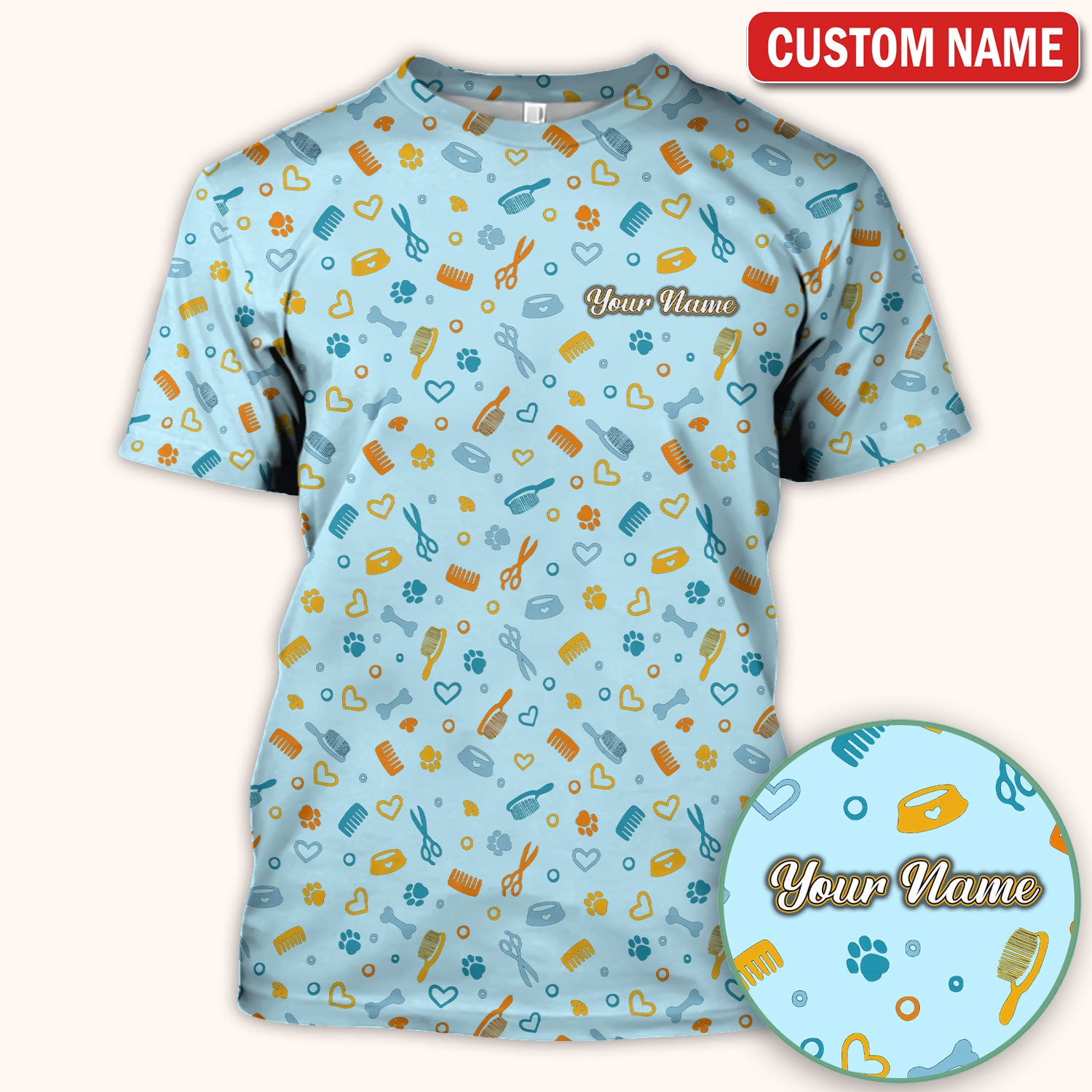 Custom Name Dog Cat Grooming Pattern Scrub Top, Breathable Fabrics Nursing Uniform