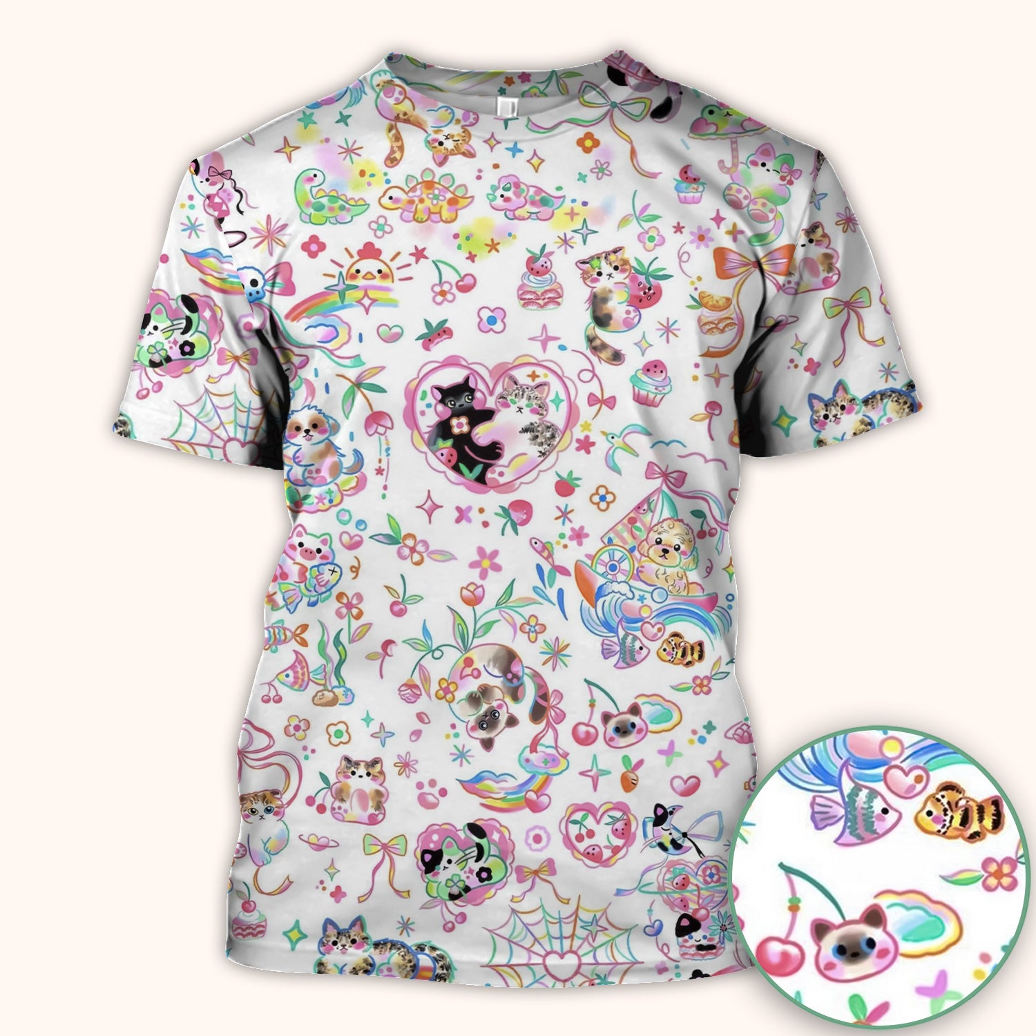 Cute Kawaii Animal Rainbow Heart Pattern Scrub Top, Comfortable Scrubs for Nurses