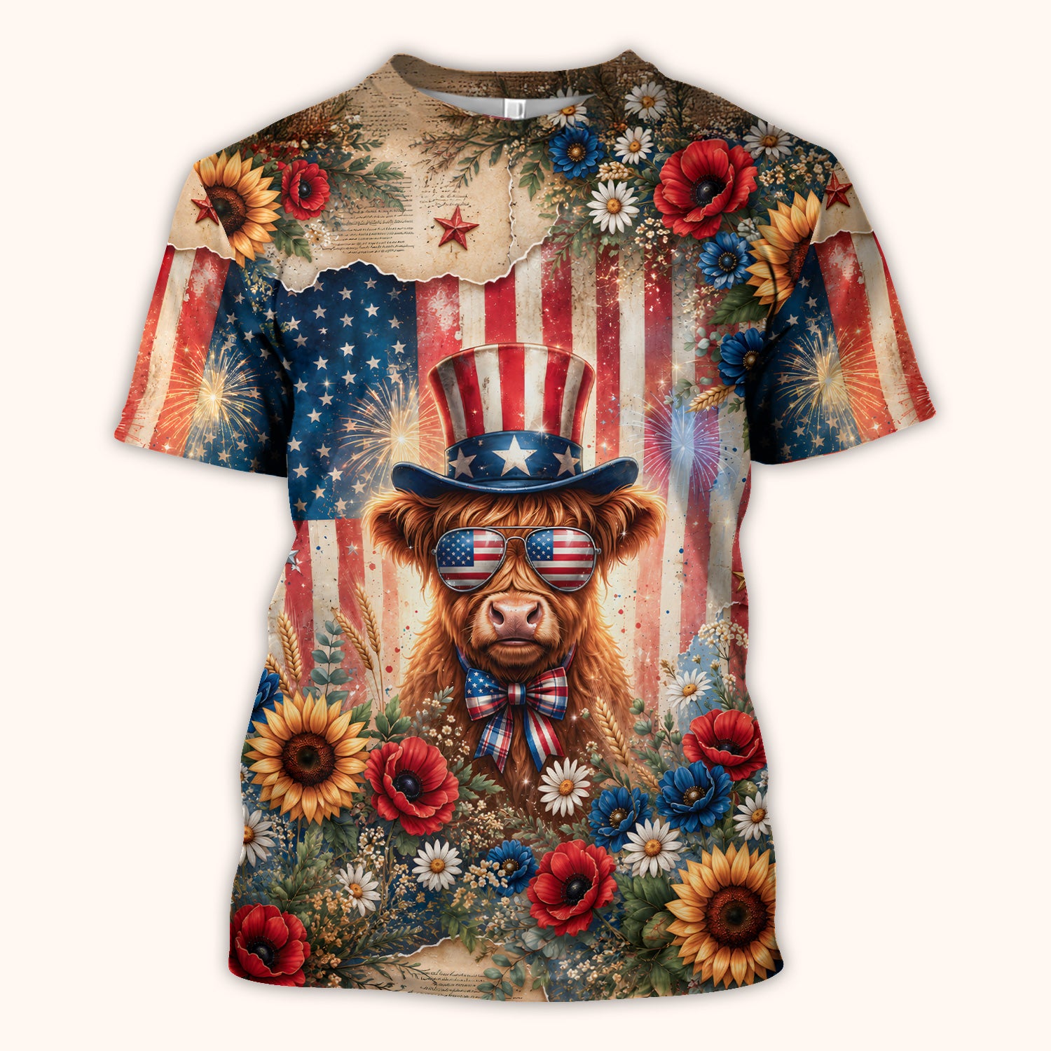 Patriotic Highland Cow Nurse for RN, CNA, Healthcare Workers Scrub Top, Comfortable Scrubs for Nurses