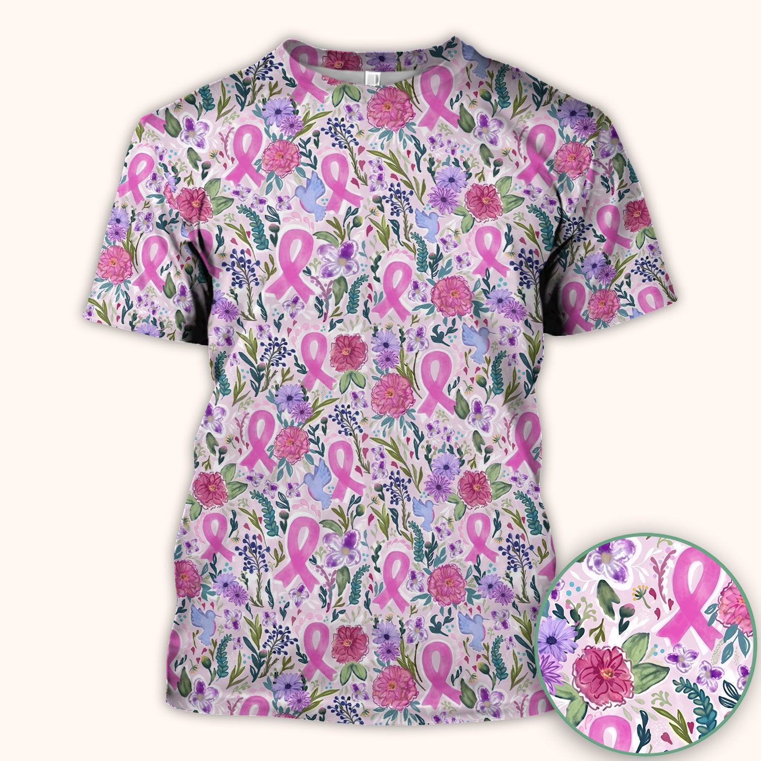 Floral Pink Ribbon Print Scrub Top, Comfortable Scrubs for Nurses