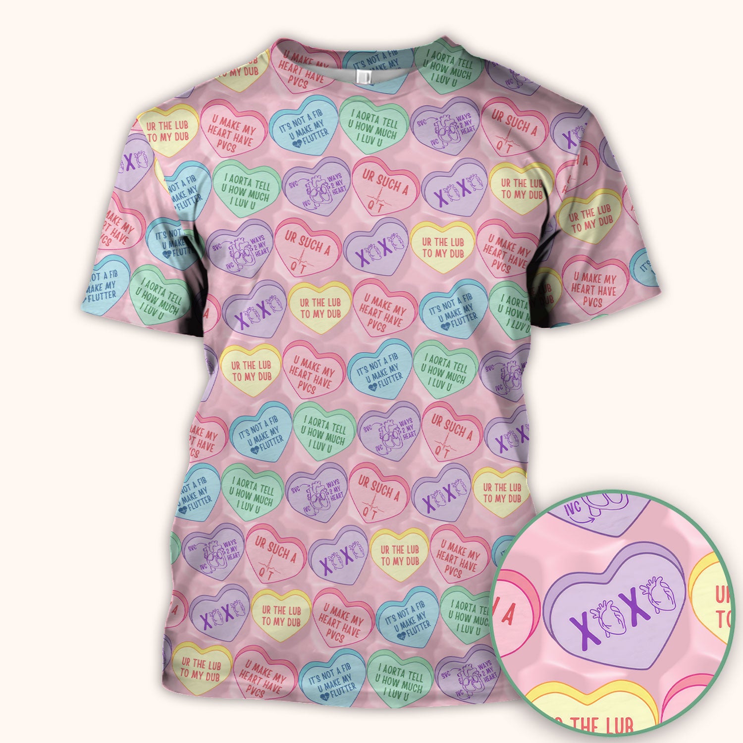 Medical Candy Heart Valentine Pattern Scrub Top, Fun Medical Pattern, Comfortable Scrubs for Nurses