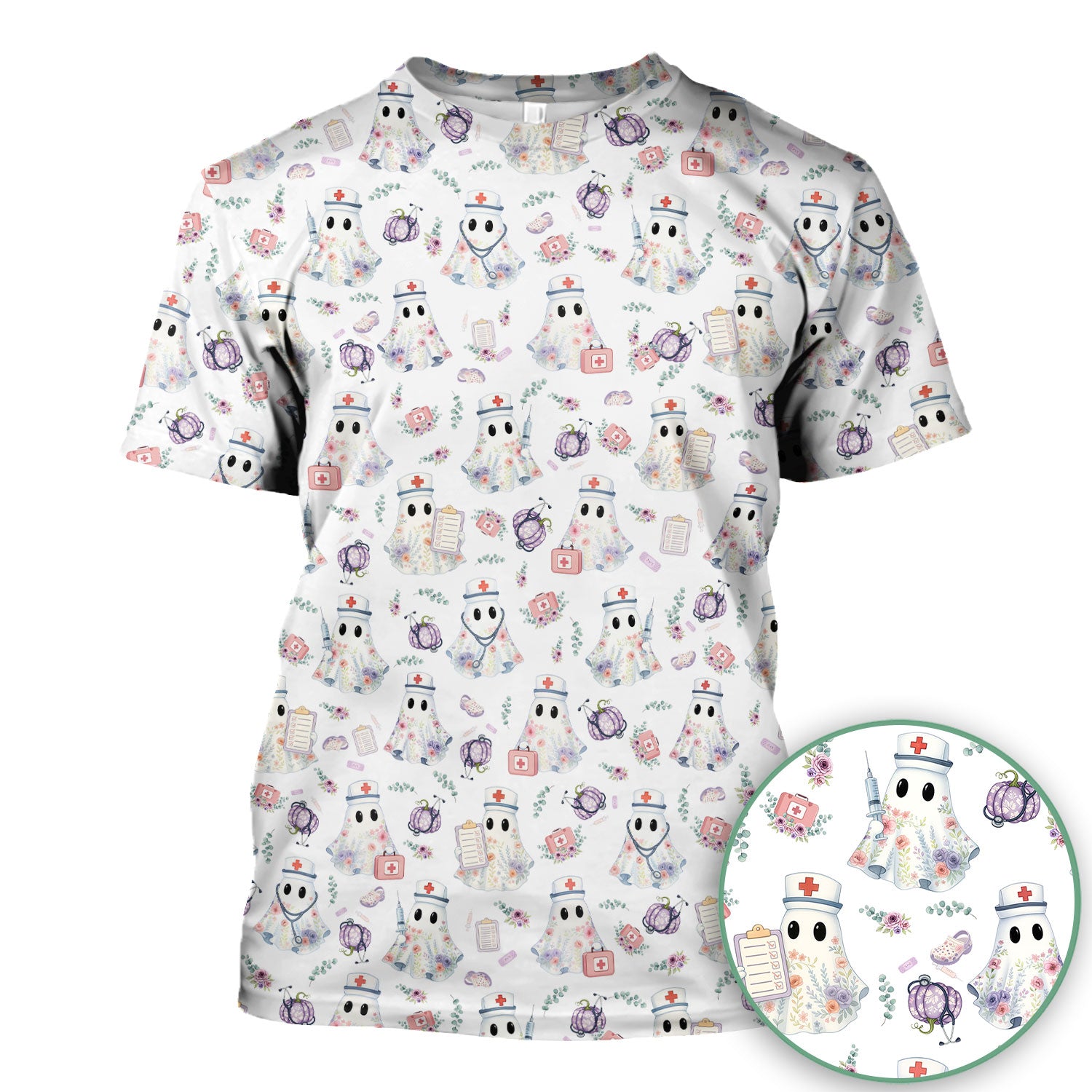 Ghost Nurse Medical Uniform - Cute Boo Halloween Pumpkin Scrub Top for Women - Gift for CRNA ICU Nurses