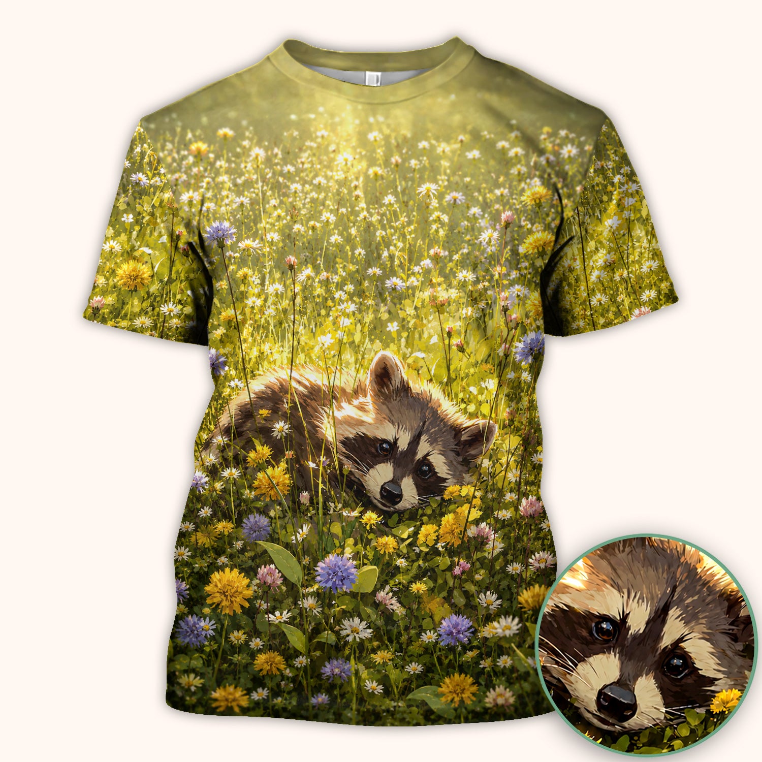 Meadow Raccoon Wildflower Garden Pattern Scrub Top, Comfortable Scrubs for Nurses
