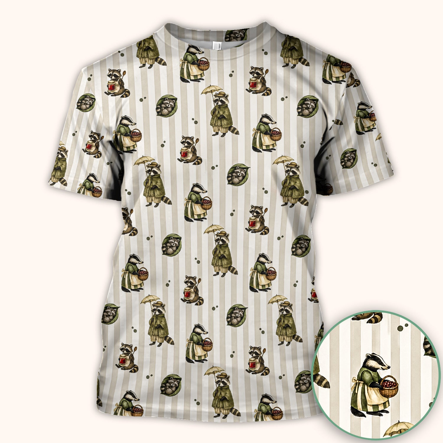 Cute Woodland Raccoon Print Scrub Top, Comfortable Scrubs for Nurses