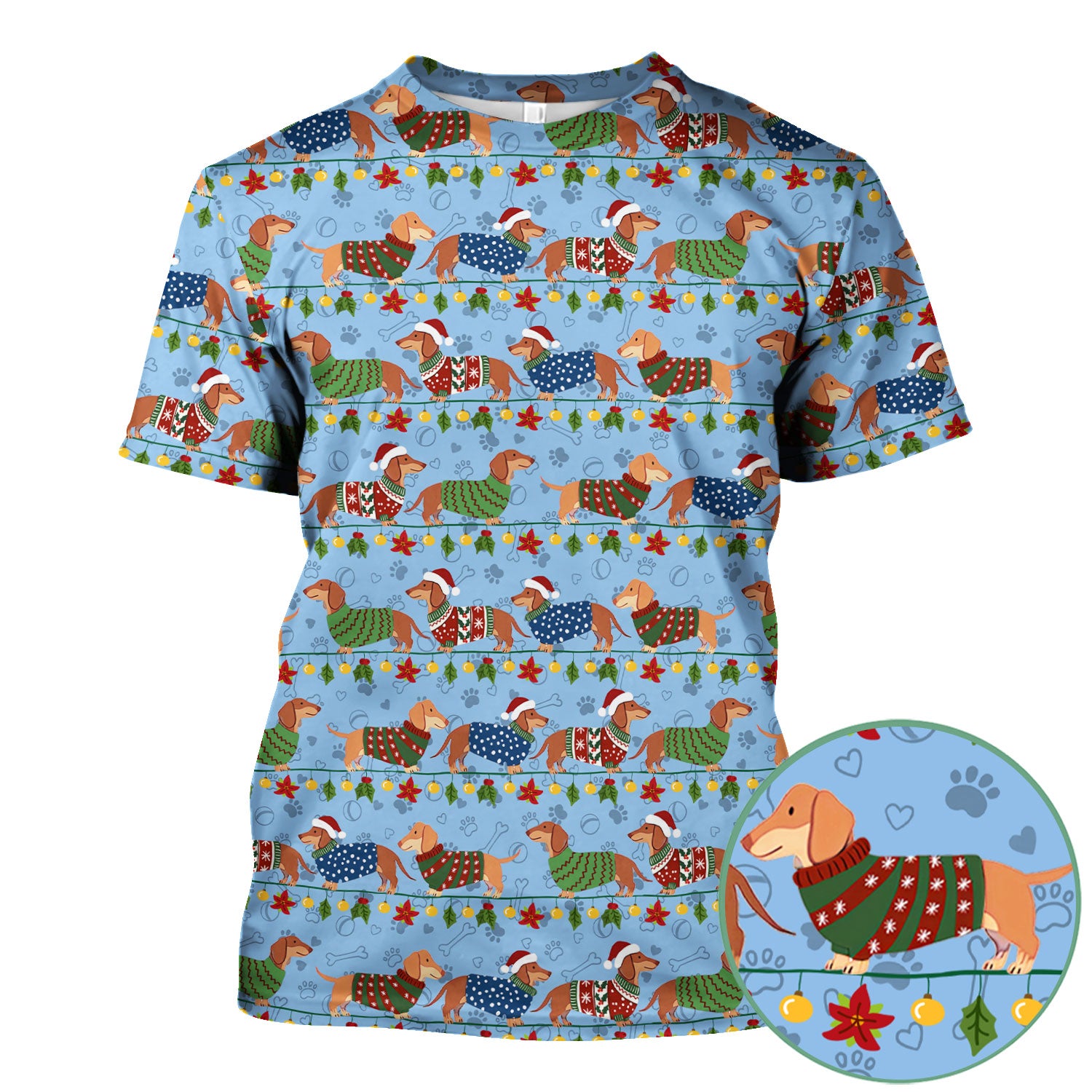 Christmas Dachshund Scrub Top - Cute Dog Print Scrubs for Women, Men Multi Color - Holiday Scrub Shirt Gift for Nurse, CNA, RN, Doctor