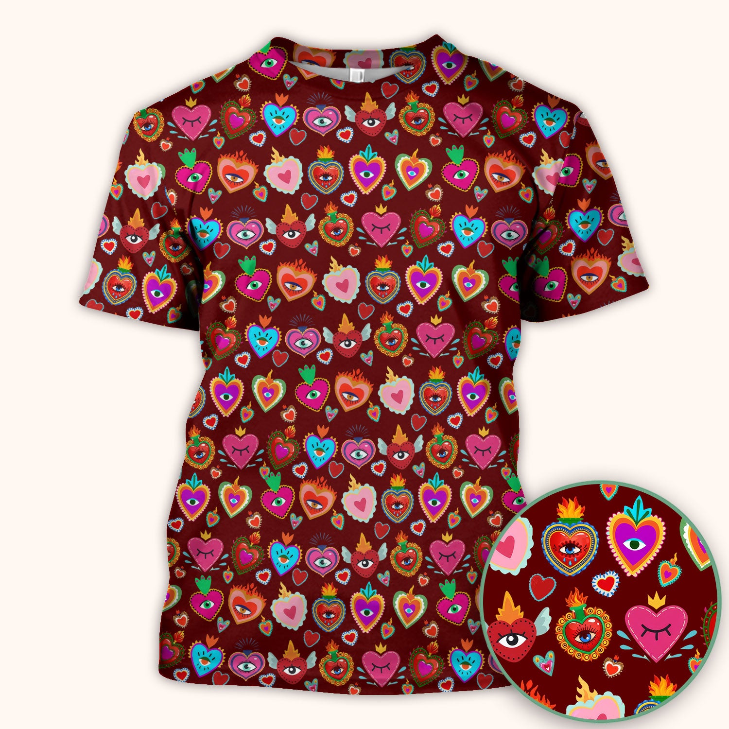 Valentine Colorful Sacred Heart Print Medical Scrub Top, Comfortable Scrubs for Nurses