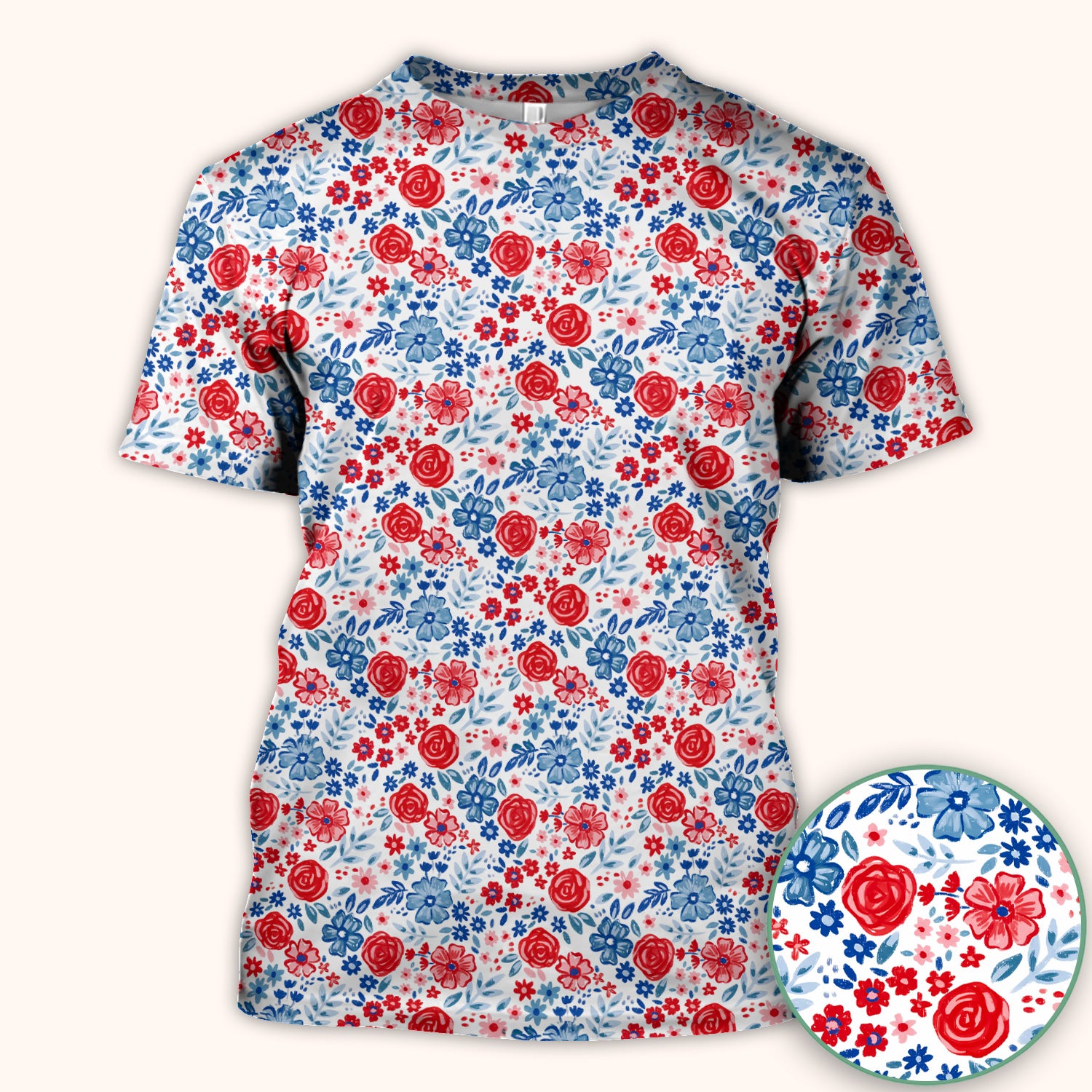 Red Blue Floral Garden Blossom Pattern Scrub Top, Comfortable Scrubs for Nurses