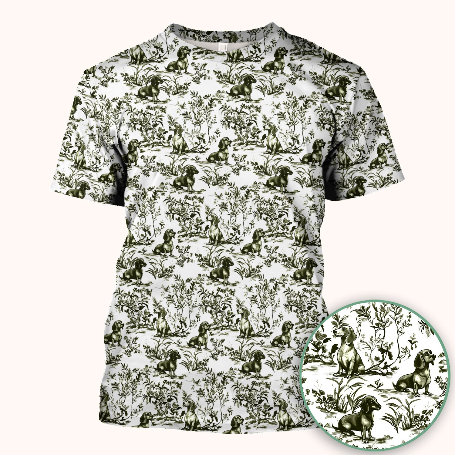 Toile de Jouy Dog Scrub Top – Elegant Blue Dachshund Pattern – Cute Medical Uniform for Nurses, Vets, and Animal Care Workers