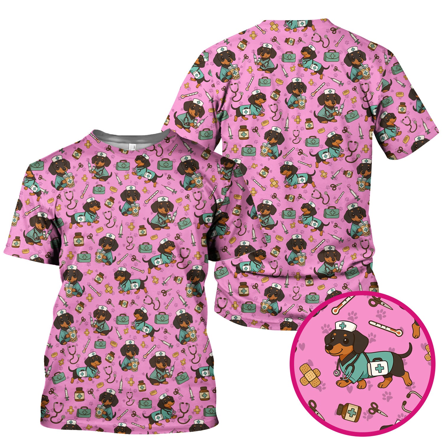 Funny Dachshund Nurse Scrubs - Cute Dog Print Medical Shirt - Holiday Nurse Scrub Top Gift for RN CNA Doctor, Women & Men