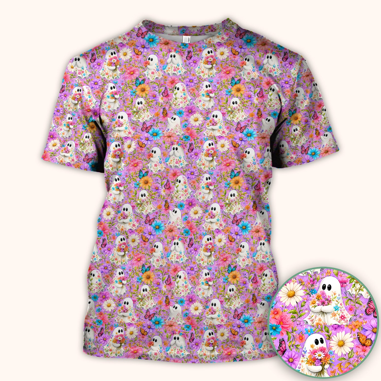 Cute Halloween Floral Ghosts And Butterflies Scrub Top, Comfortable Scrubs for Nurses
