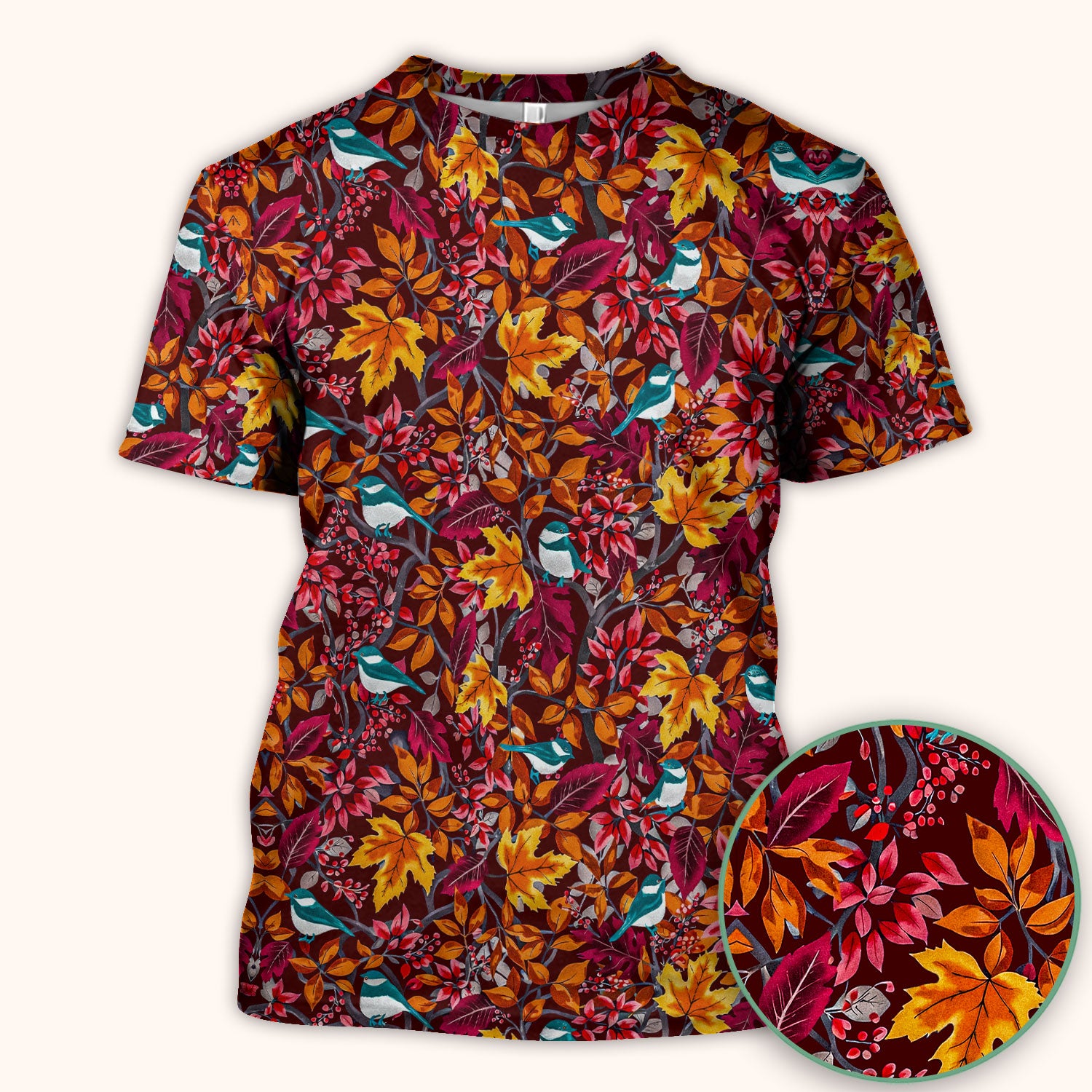 Autumn Leaves Blue Bird Pattern Print Scrub Top, Breathable Fabrics Nursing Uniform