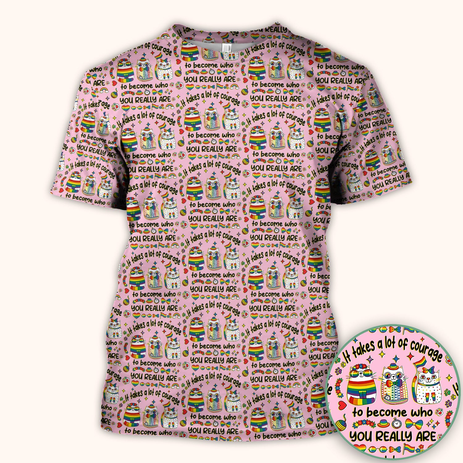Inspirational Nurse Rainbow Cat Courage Quote Pattern Scrub Top, Breathable Fabrics Nursing Uniform