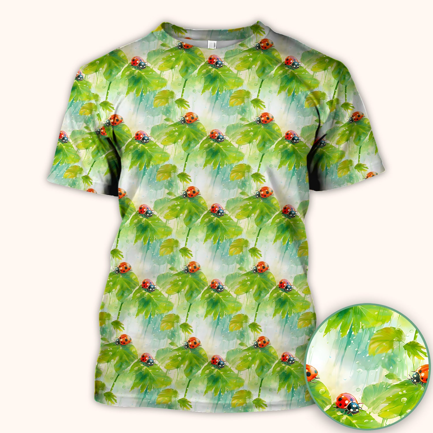 Ladybugs On Rainy Leaves Pattern Scrub Top, Comfortable Scrubs for Nurses
