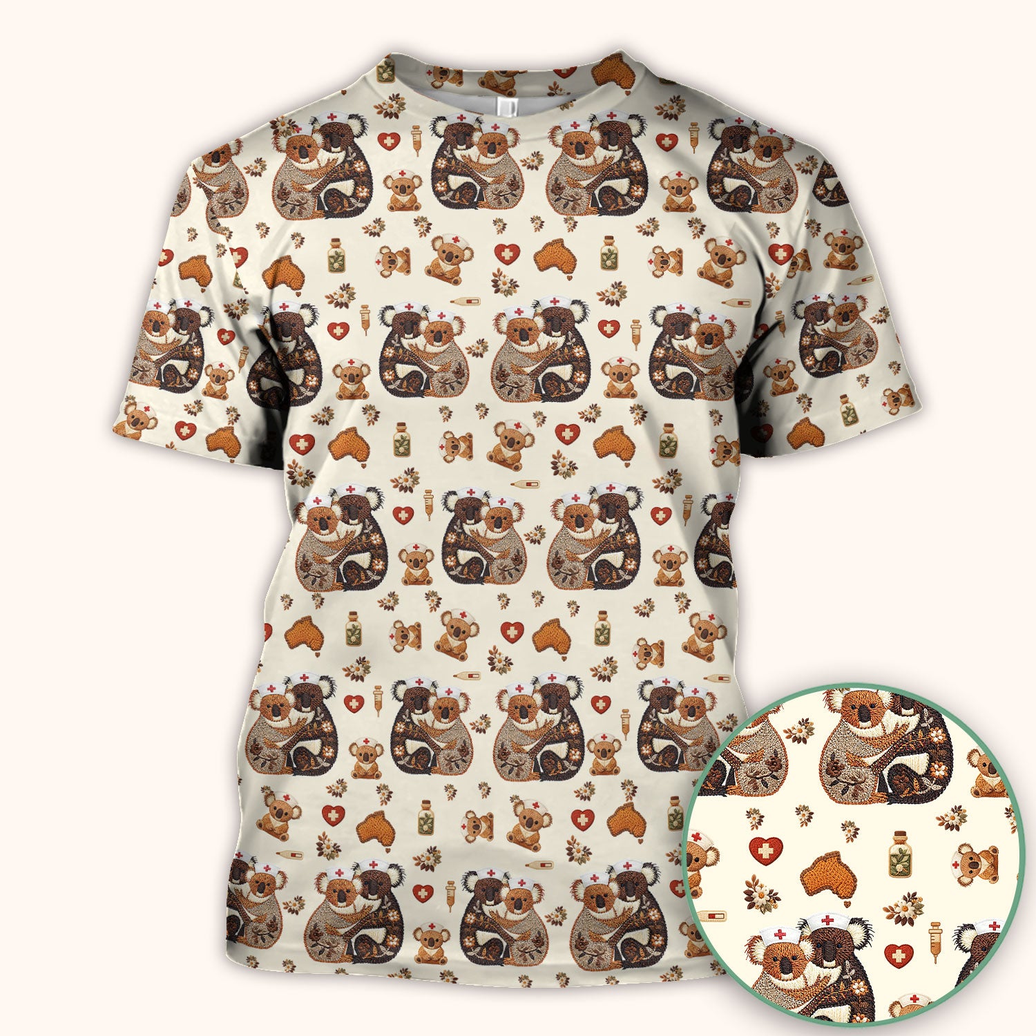 Cute Cartoon Koala Valentine Nurse Design Scrub Top, Breathable Fabrics Nursing Uniform