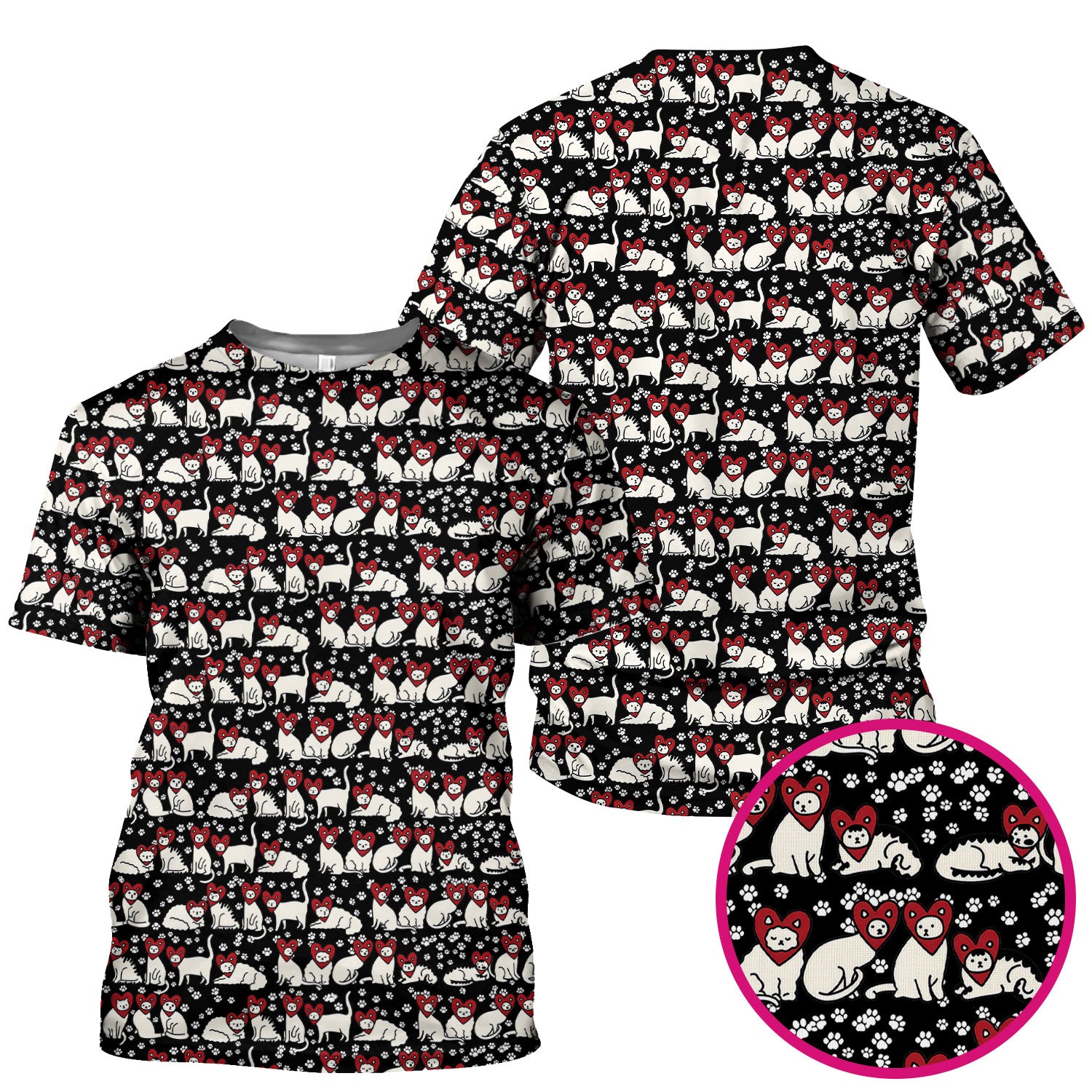 Cute Cat Heart Pattern Scrub Top, Funny Cat Scrub Shirt For Nurses, Breathable Fabrics Nursing Uniform
