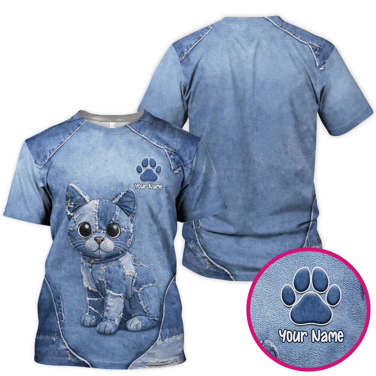 Personalized Patchwork Denim Cat Nurse Pattern Scrub Top, Breathable Fabrics Nursing Uniform