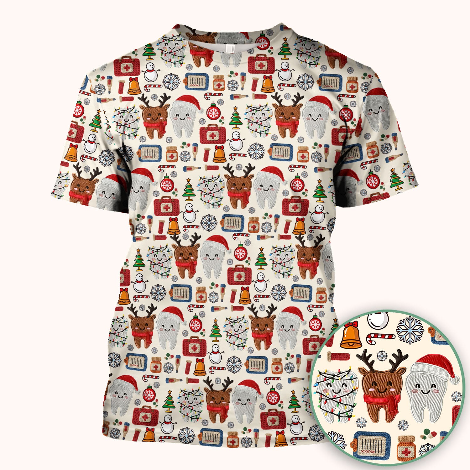 Christmas Dental Scrub Top - Cute Santa & Reindeer Tooth Shirt - Funny Holiday Medical Uniform for Dentists, Hygienists & Nurses
