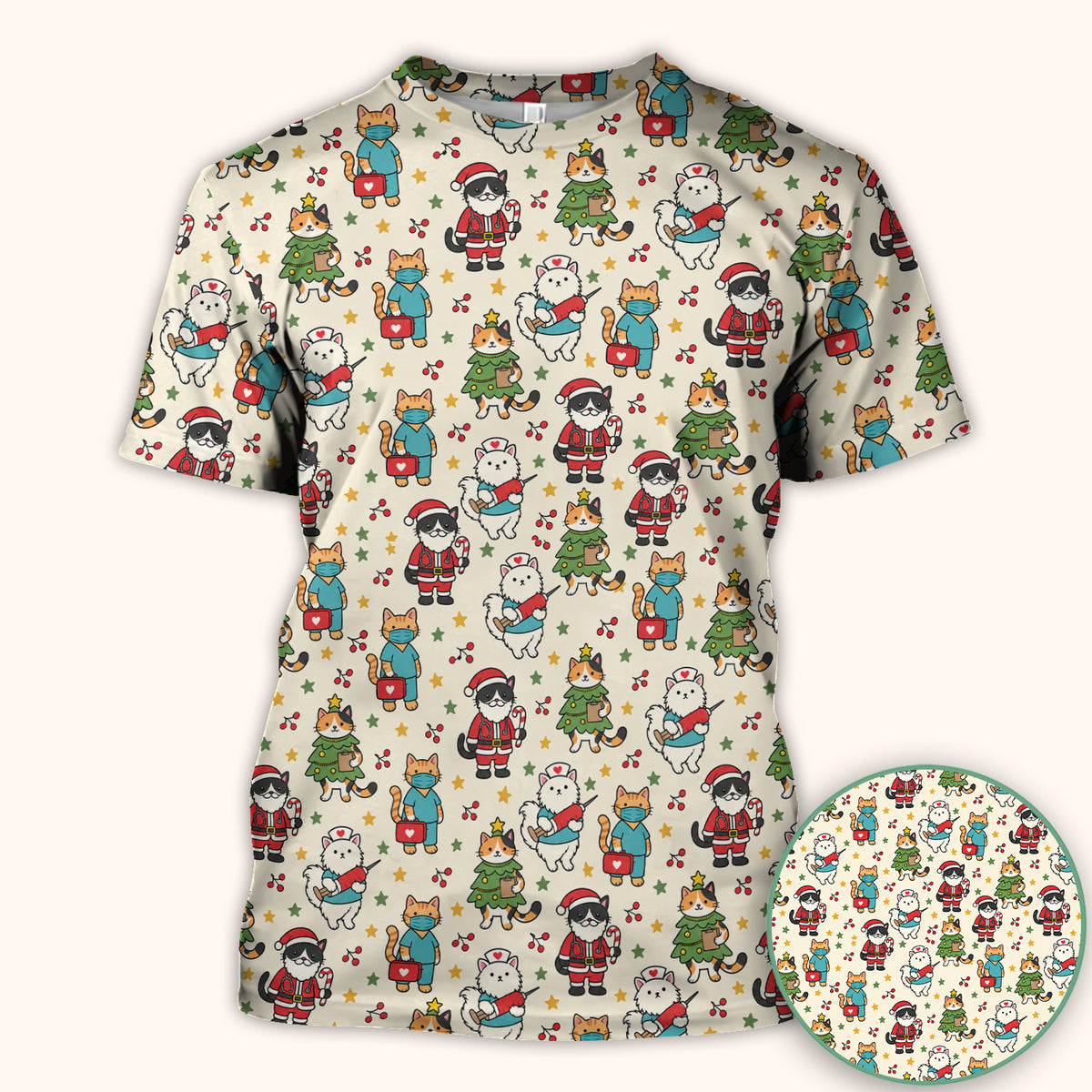 Christmas Cats In Nurse And Santa Outfits Scrub Top, Comfortable Scrubs for Nurses