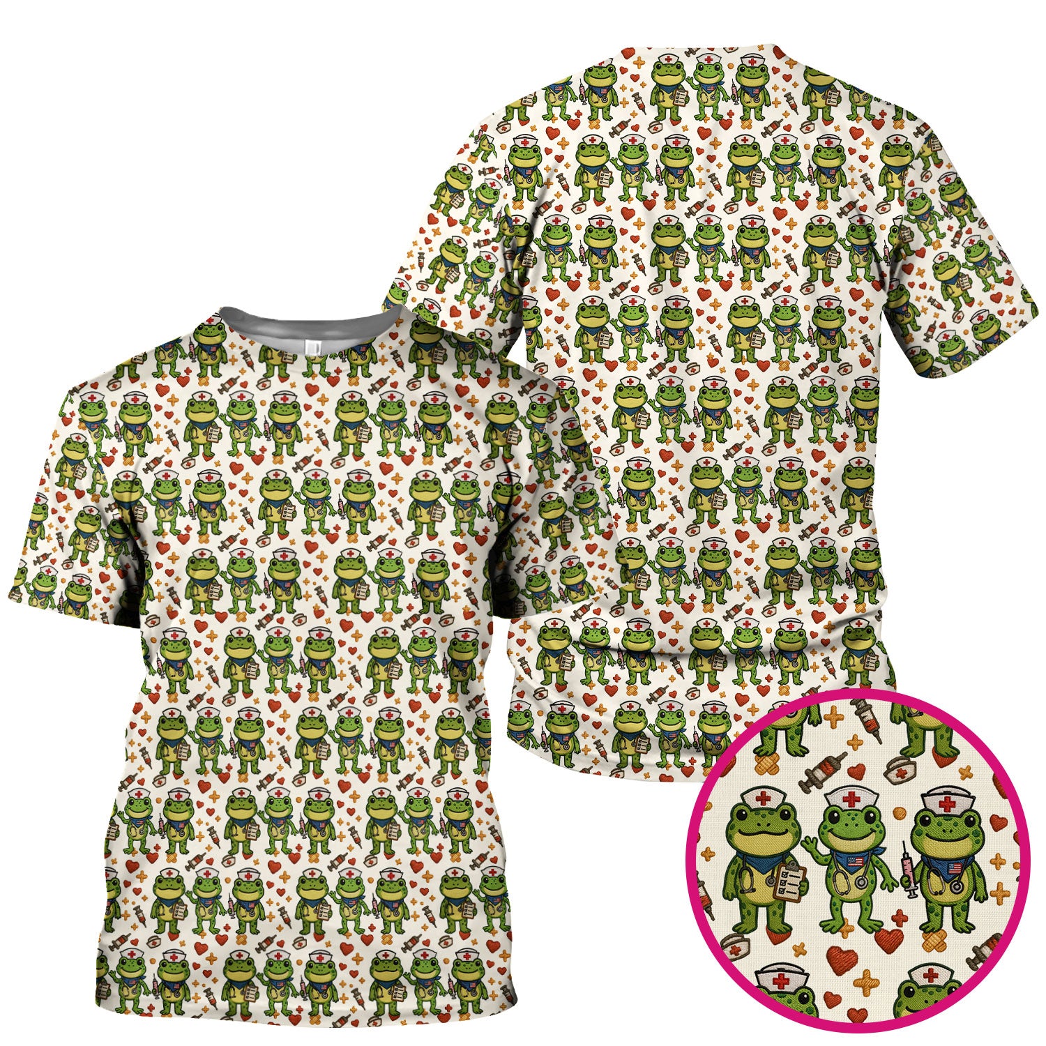 Frog Pattern Scrub Top, Cute Frog Scrub Shirt, Breathable Fabrics Nursing Uniform