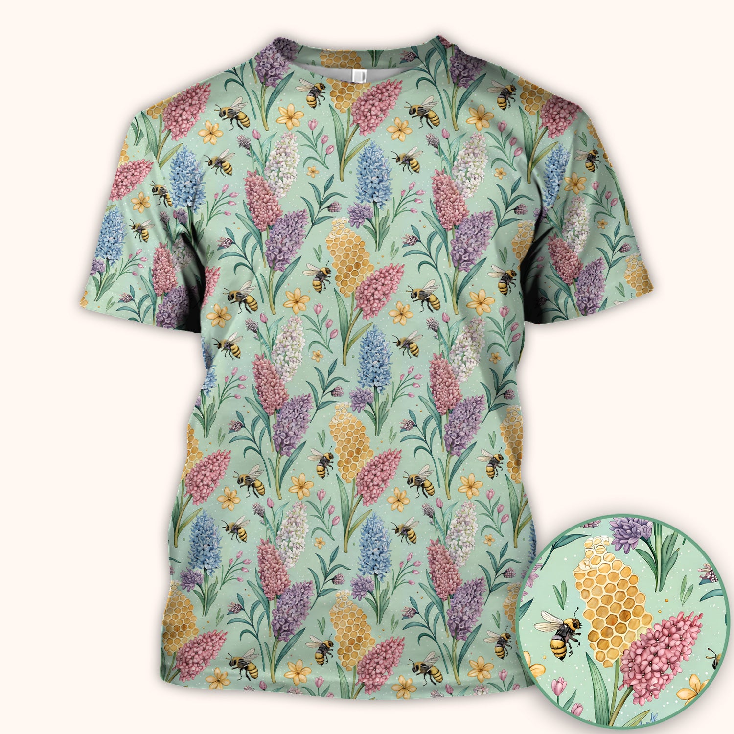Pastel Wildflower Honeybee Pattern Scrub Top, Comfortable Scrubs for Nurses