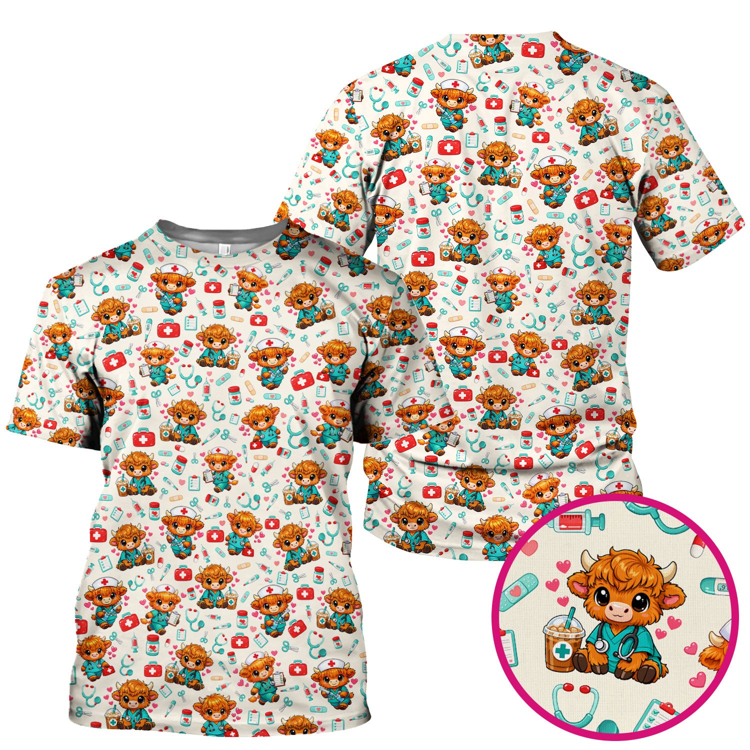 Cute Highland Cow Nurse Scrub Top, Kawaii Medical Pattern Shirt, Breathable Fabrics Nursing Uniform