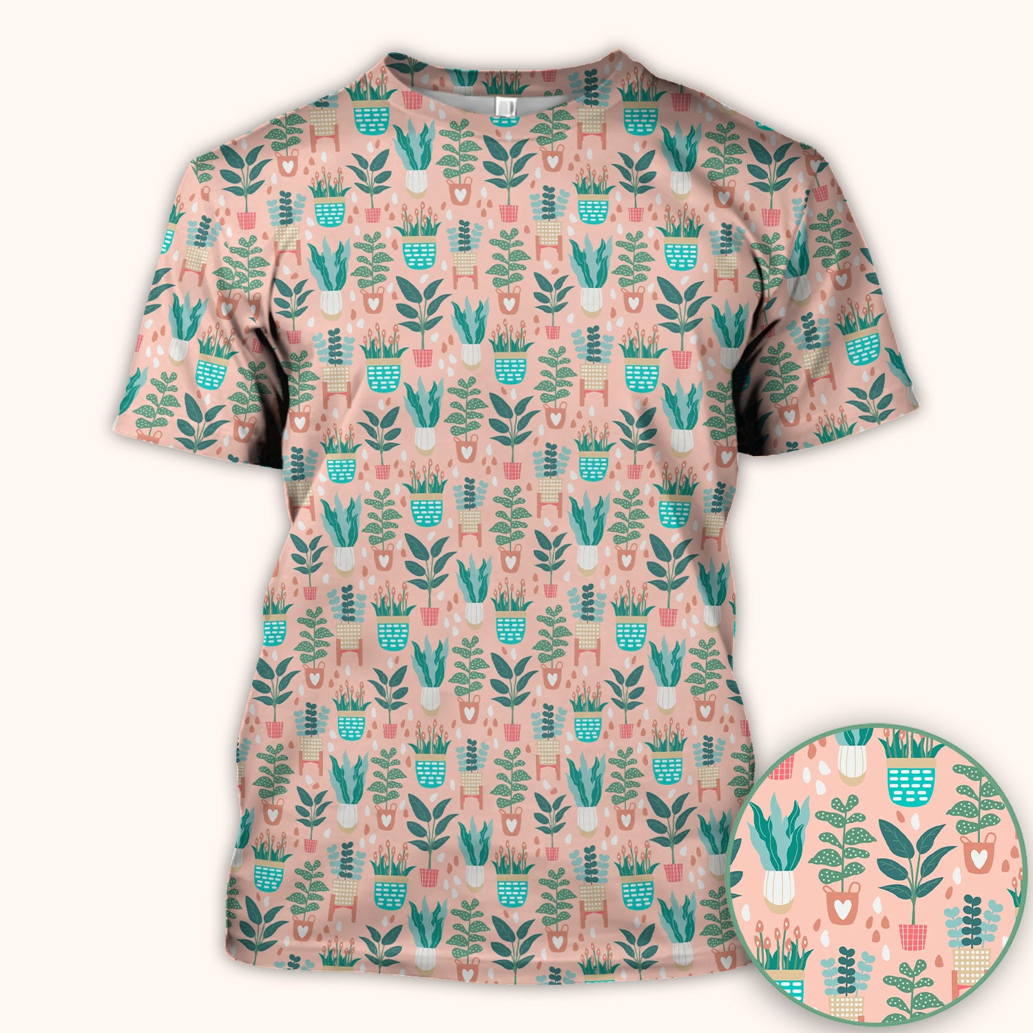 Potted Houseplant Leaves Pattern Scrub Top, Comfortable Scrubs for Nurses