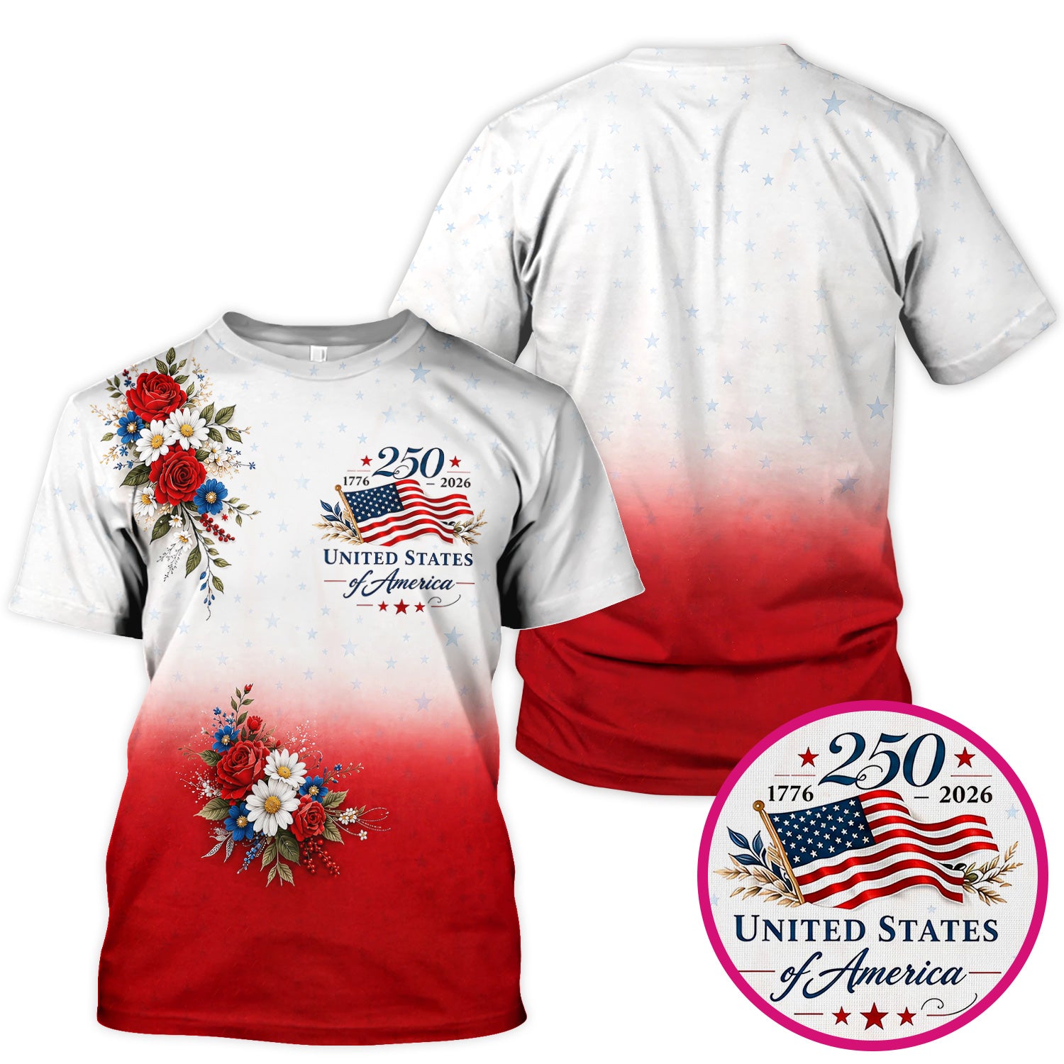 Patriotic 250th Flag Floral Pattern Scrub Top, Comfortable Scrubs for Nurses