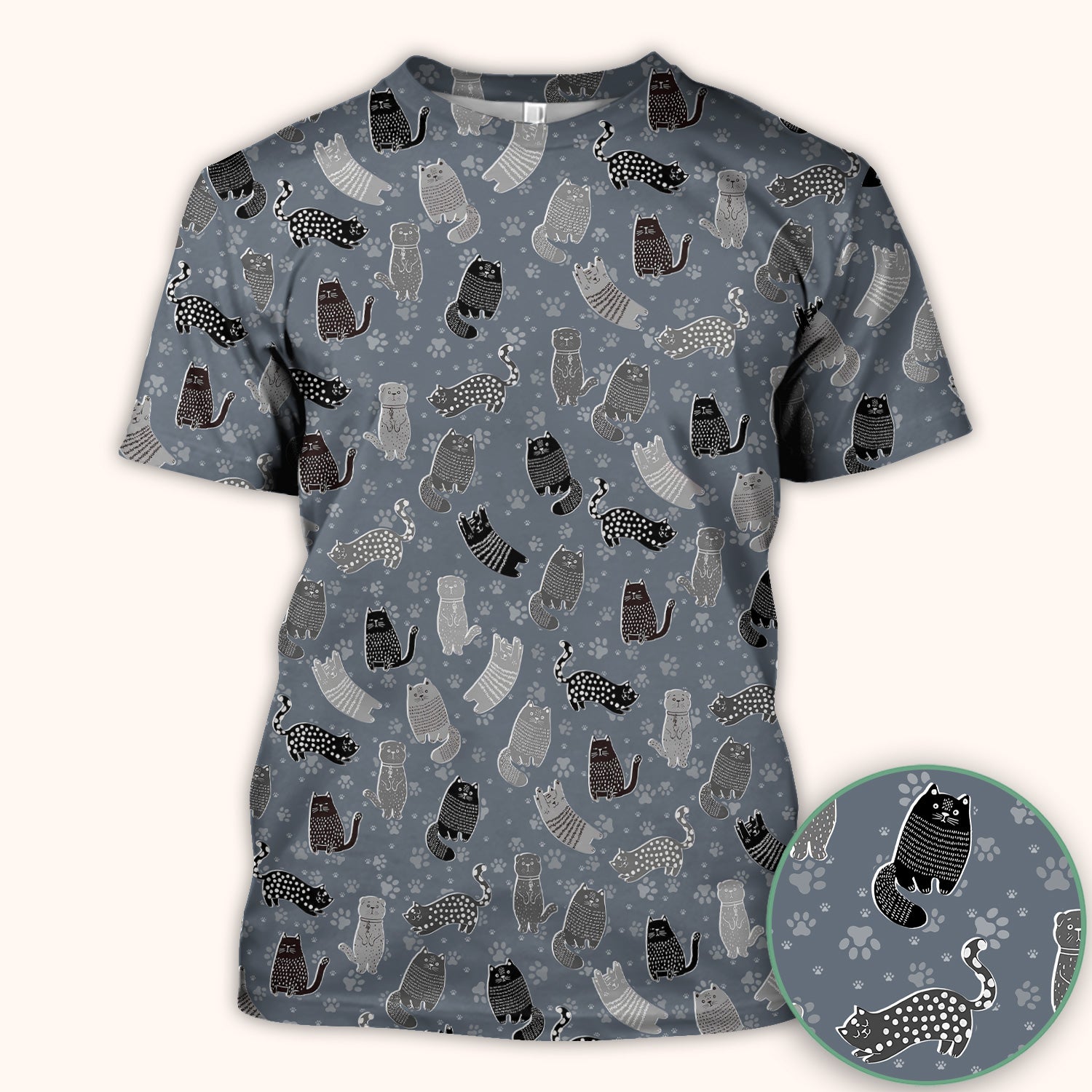 Cute Cat and Paw Print Pattern Scrub Top, Breathable Fabrics Nursing Uniform