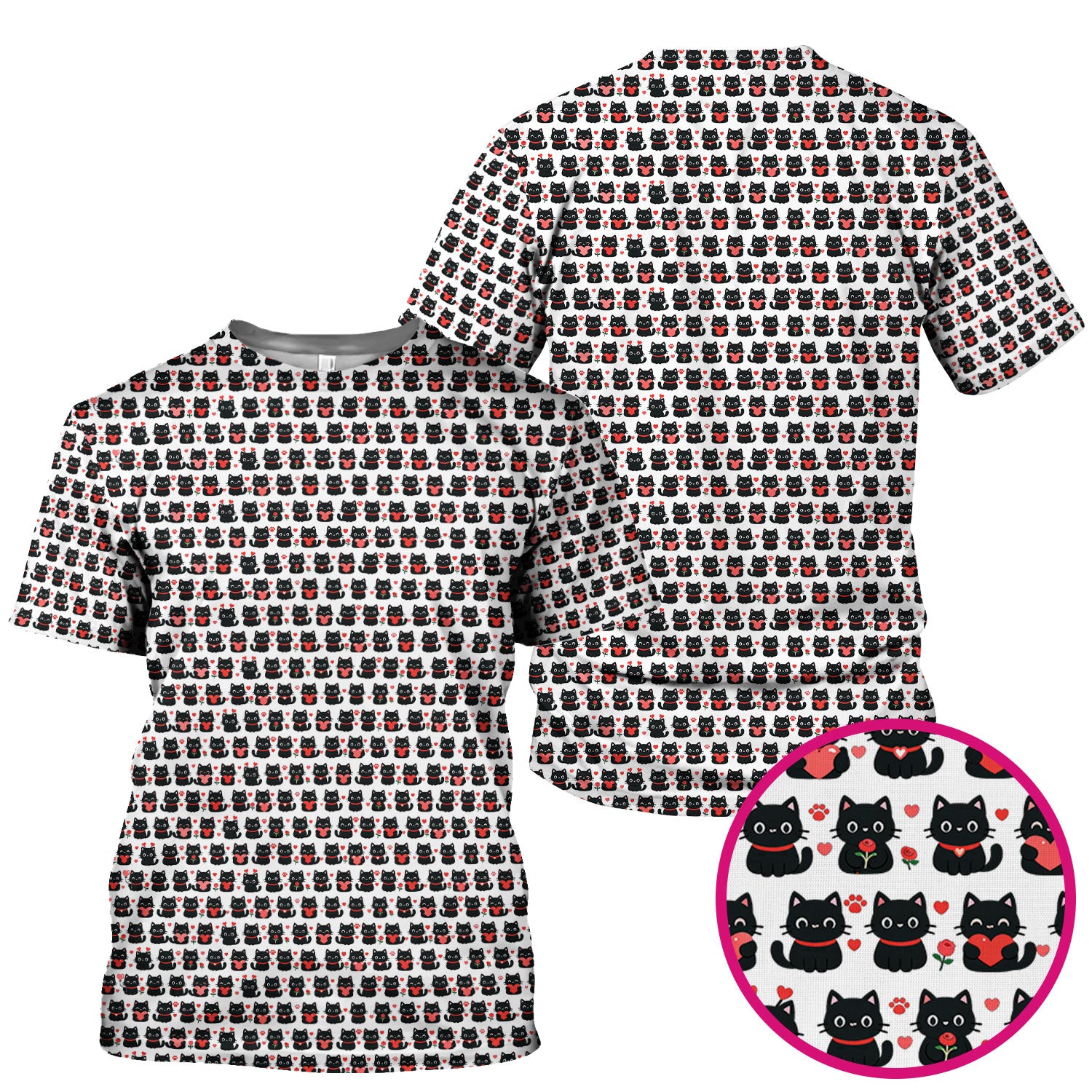 Black Cat Valentine Nurse Scrub Top, Cute Heart Pattern Medical Shirt, Breathable Fabrics Nursing Uniform