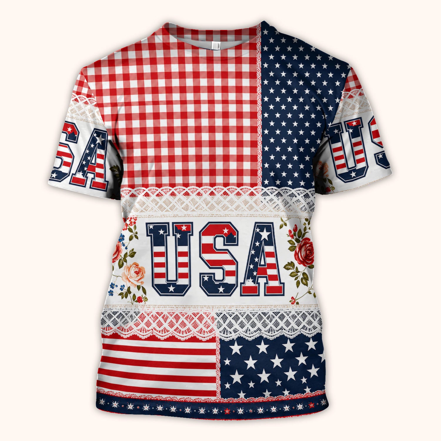 Patriotic Patchwork with USA Flag Pattern Scrub Top, Comfortable Scrubs for Nurses